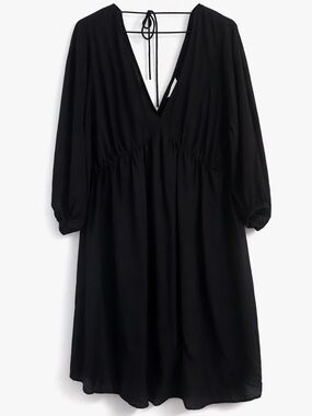 H&M Babydoll Mini Dress XL Relaxed Fit Tie Back Deep V Black Long Sleeve